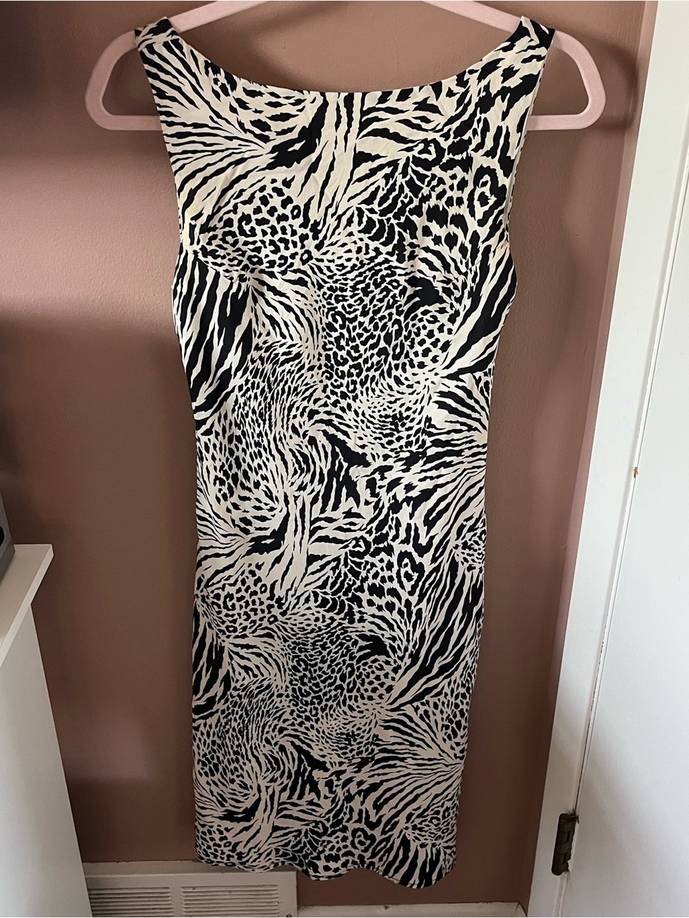 Vintage 90s Y2K Black and White Animal Print Low Back Boatneck Midi Dress